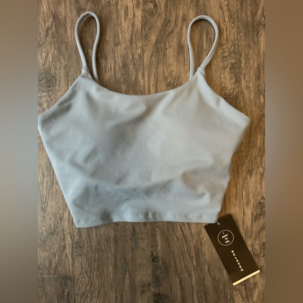 Sports Bra/Crop Top w/Built in Bra. NWT “I want to feel Relaxed” Sz 8 Blue/Grey